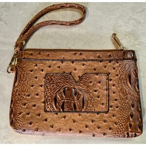 Dasein Womens Embossed Ostrich Pattern Faux Leather Wristlet Purse Handbag Brown
